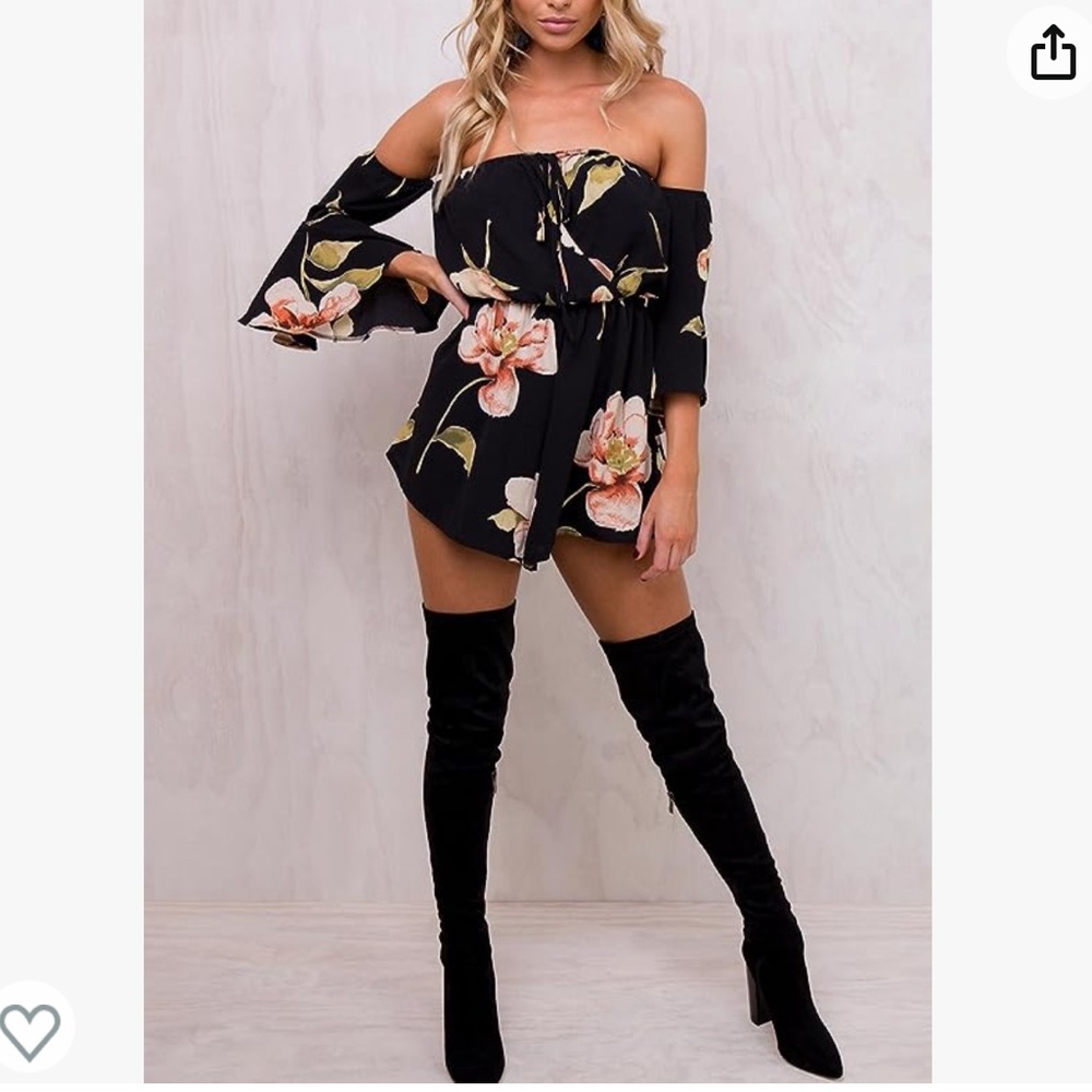NWOT. Black flowy floral off the shoulder 3/4 sleeve romper. - Picture 3 of 11
